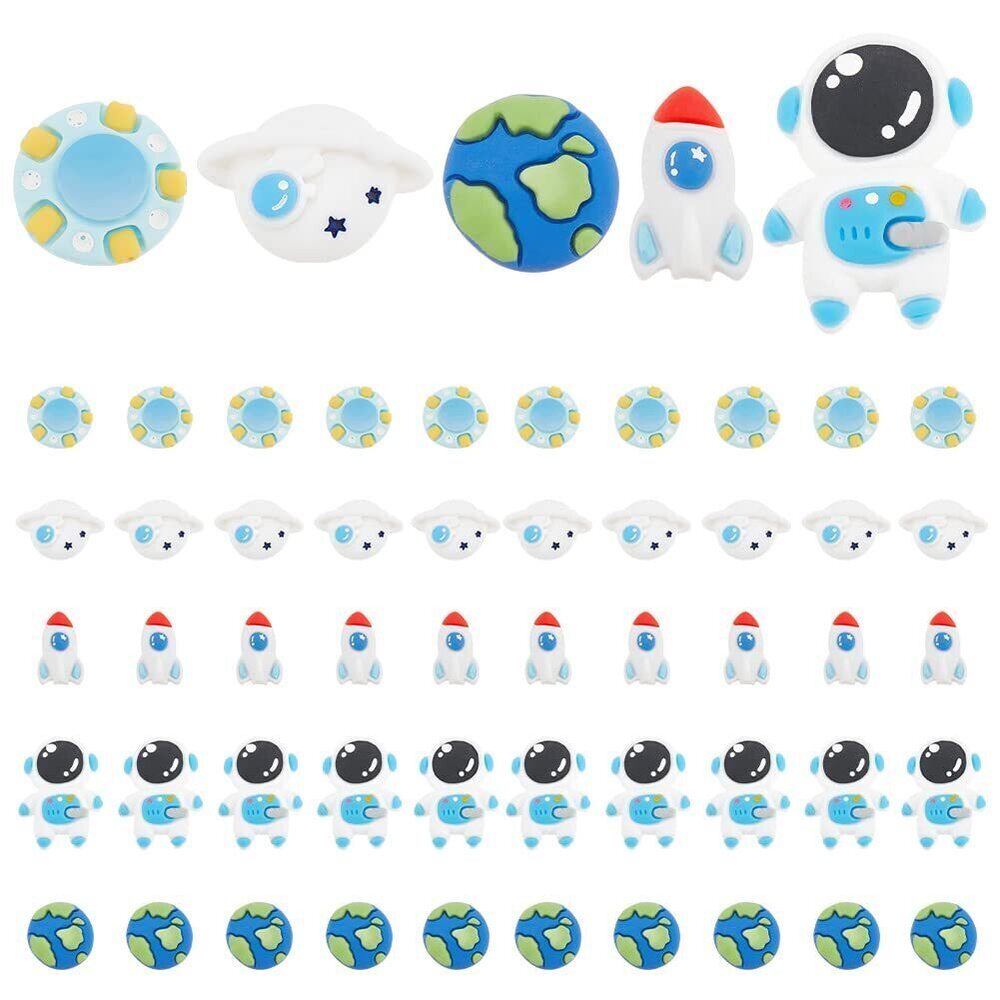 2808 50pcs Cosmos Resin Cabochons, 5 Styles Astronaut Spaceship Charms